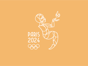 Illustration stylisée des Jeux Olympiques de Paris 2024 sur fond orange, avec la silhouette de Marianne en filigrane tenant la flamme olympique.