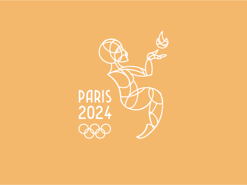 Illustration stylisée des Jeux Olympiques de Paris 2024 sur fond orange, avec la silhouette de Marianne en filigrane tenant la flamme olympique.