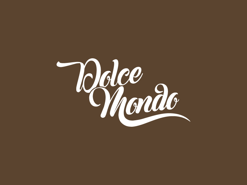 Logo Dolce Mondo en lettrage manuscrit blanc sur un fond dégradé brun, évoquant douceur et élégance.