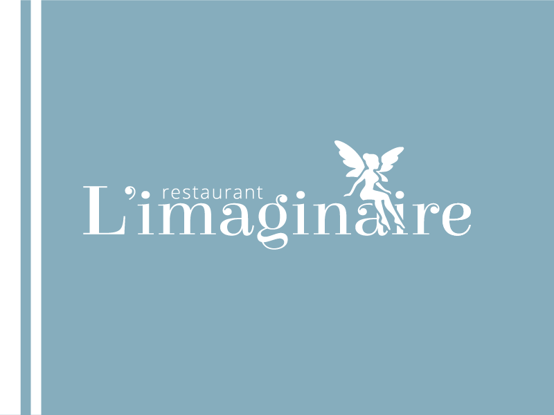 Logo du restaurant L'Imaginaire, blanc sur fond bleu, surmontée d'une silhouette de fée.