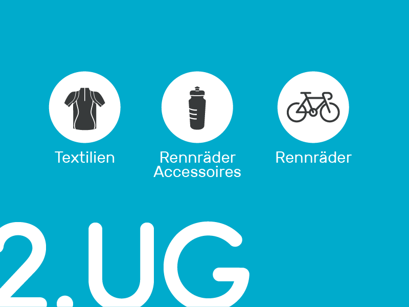 Aperçu de signalétique pour un magasin de vélos et accessoires, avec pictogrammes blancs et gris représentant textiles, accessoires et vélos de course.