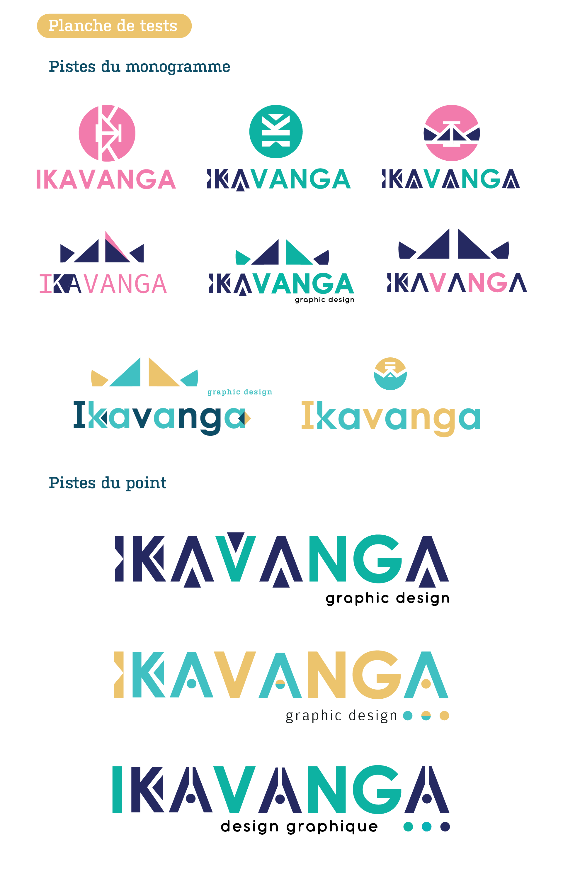 Recherche typographique et monogrammes pour le logo Ikavanga, illustrant une identité visuelle pour graphiste axée sur la singularité et l’impact.