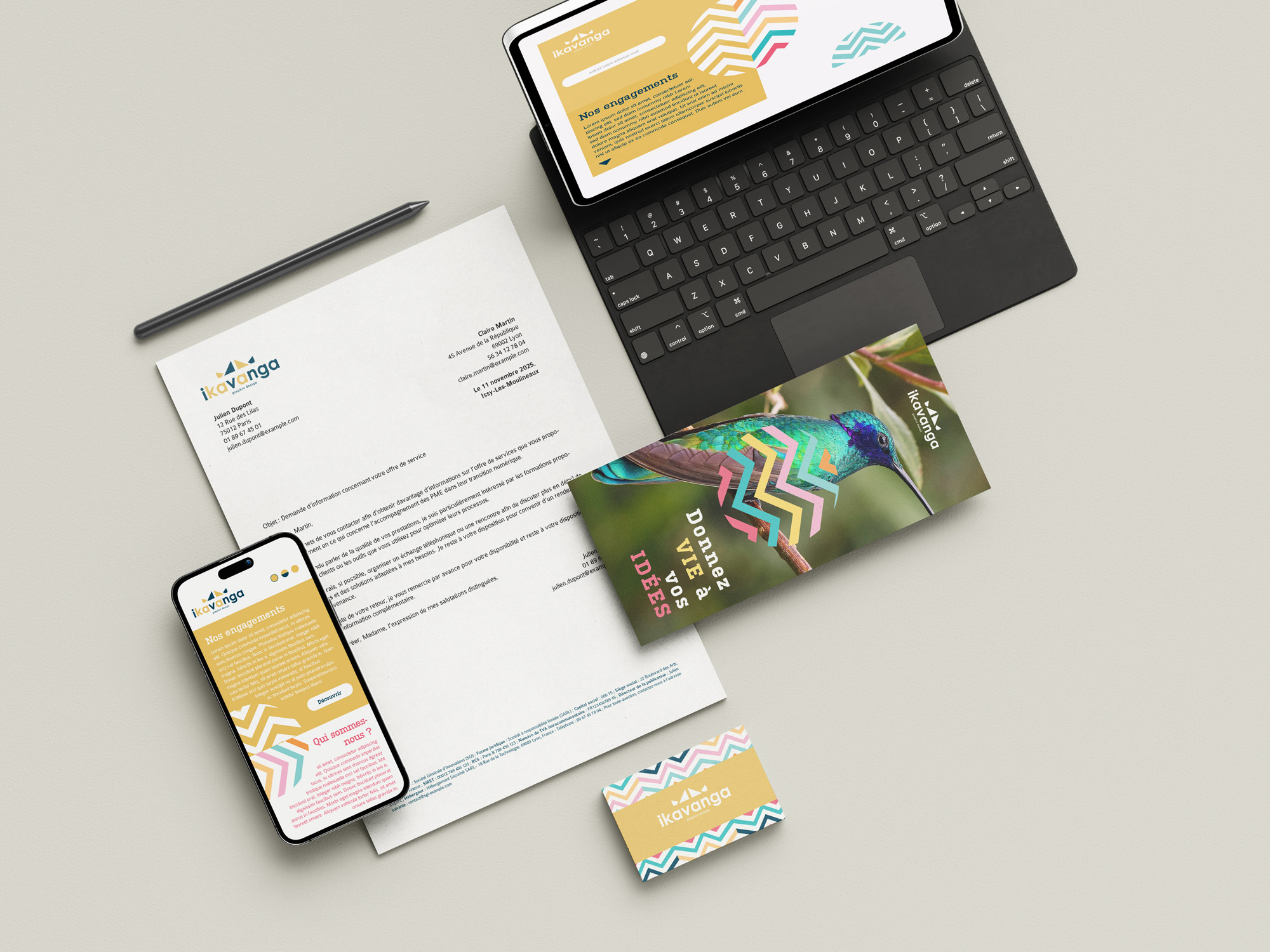 Identité visuelle pour graphiste : papeterie et supports de communication de la marque Ikavanga, comprenant une carte de visite, une brochure et une lettre à en-tête, illustrant une charte graphique cohérente.