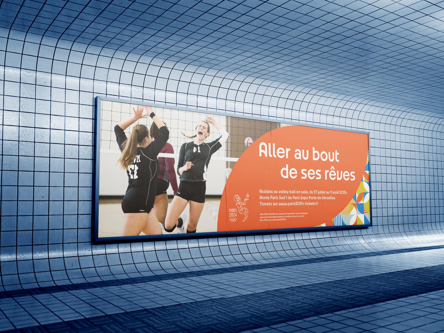Affiche publicitaire dans le métro avec le slogan 'Aller au bout de ses rêves' pour les Jeux Olympiques Paris 2024