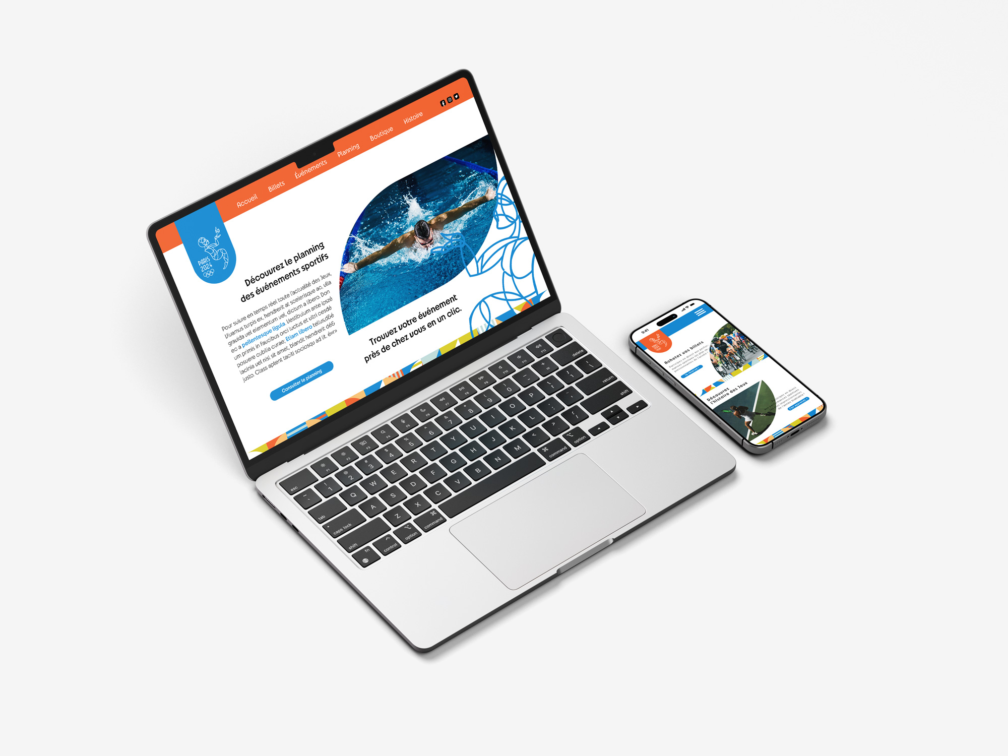 Page web affichant le site officiel des Jeux Olympiques Paris 2024 sur un MacBook et un iPhone