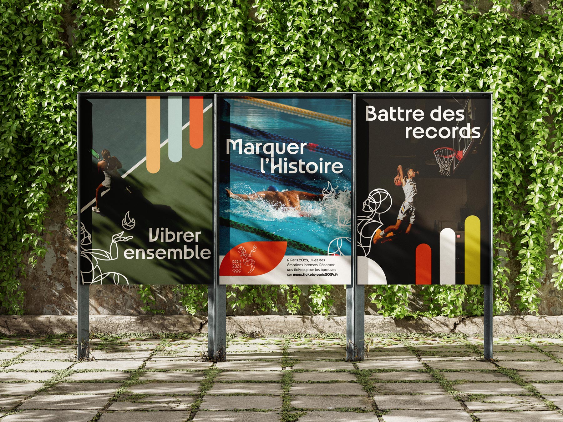 Affiches promotionnelles extérieures pour les Jeux Olympiques Paris 2024, vibrer ensemble, marquer l'Histoire, battre des records