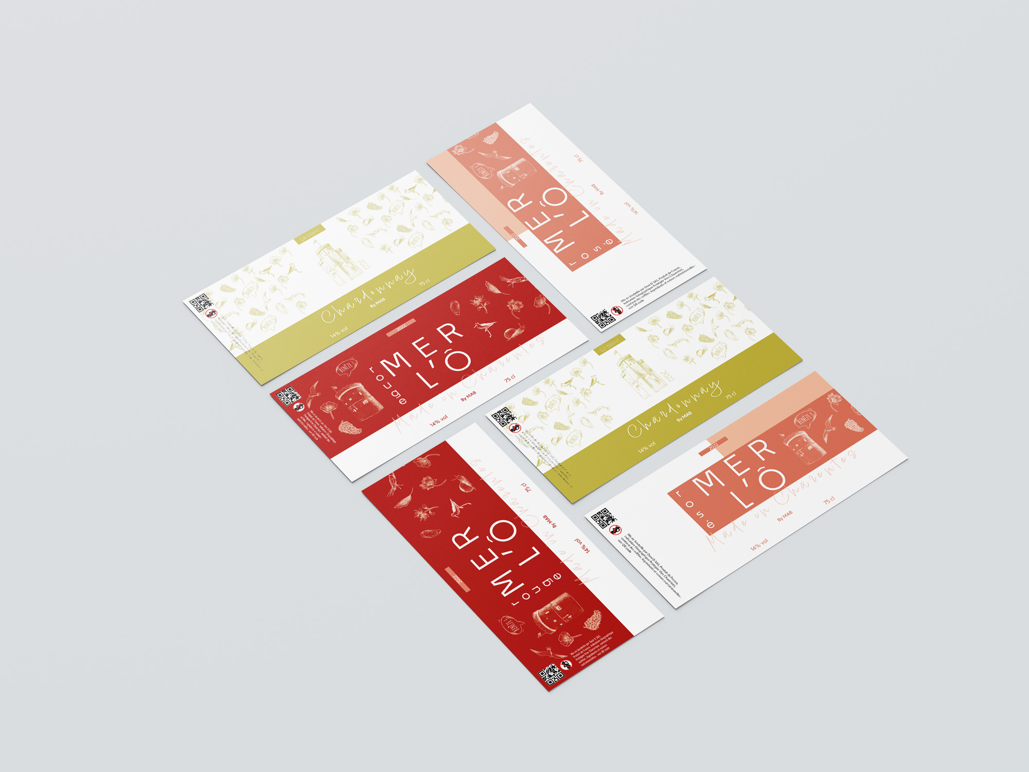 Plusieurs étiquettes de vin pour Merlot et Chardonnay, jouant sur des couleurs raffinées (rouge, blanc, doré) et des illustrations de vignes, fruits et châteaux, combinant typographie élégante et modernité.