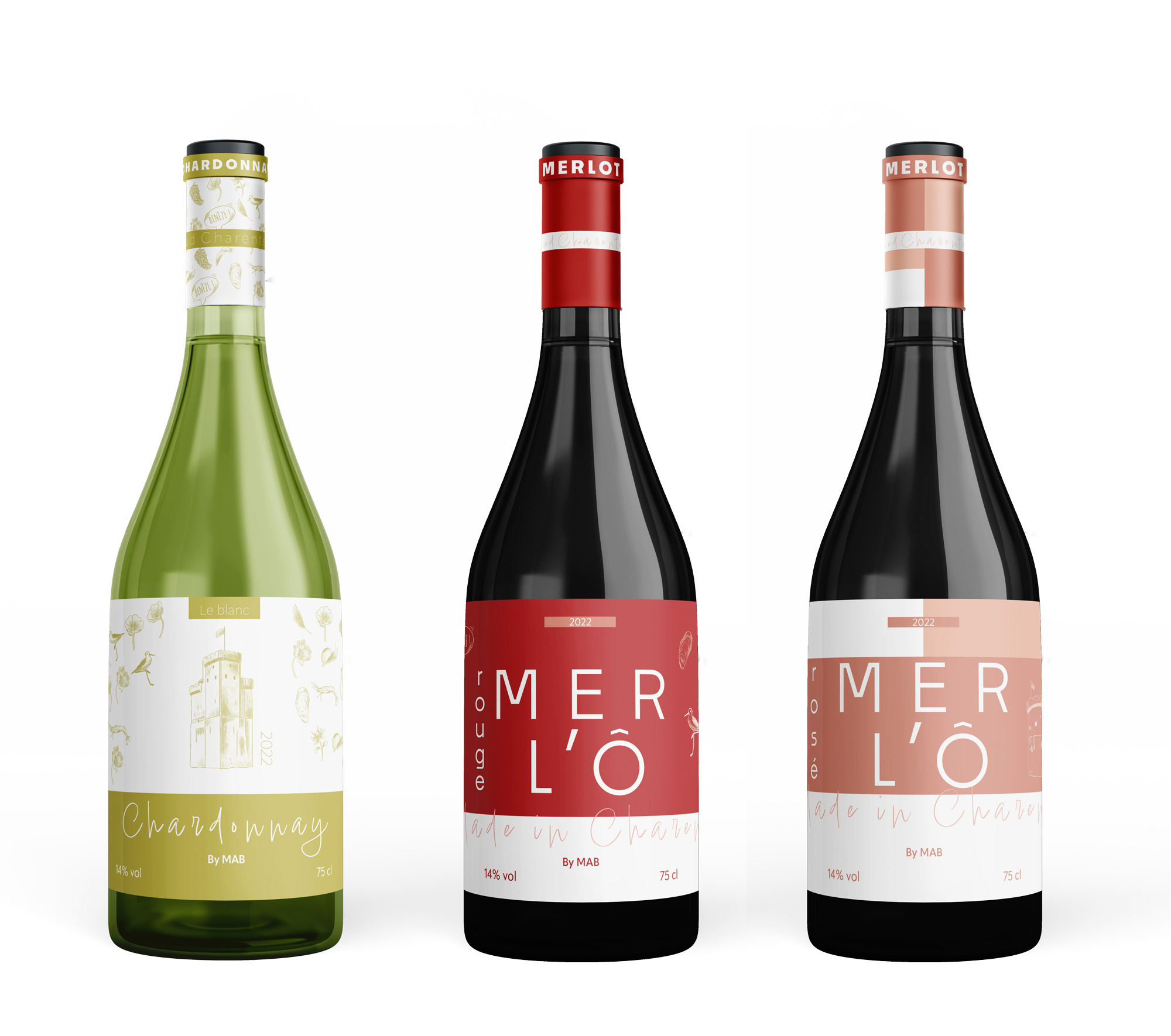 Trois bouteilles de vin (Chardonnay, Merlot rouge et Merlot rosé) avec des étiquettes épurées et contemporaines, jouant sur une mise en page minimaliste et des couleurs différenciées selon le type de vin.