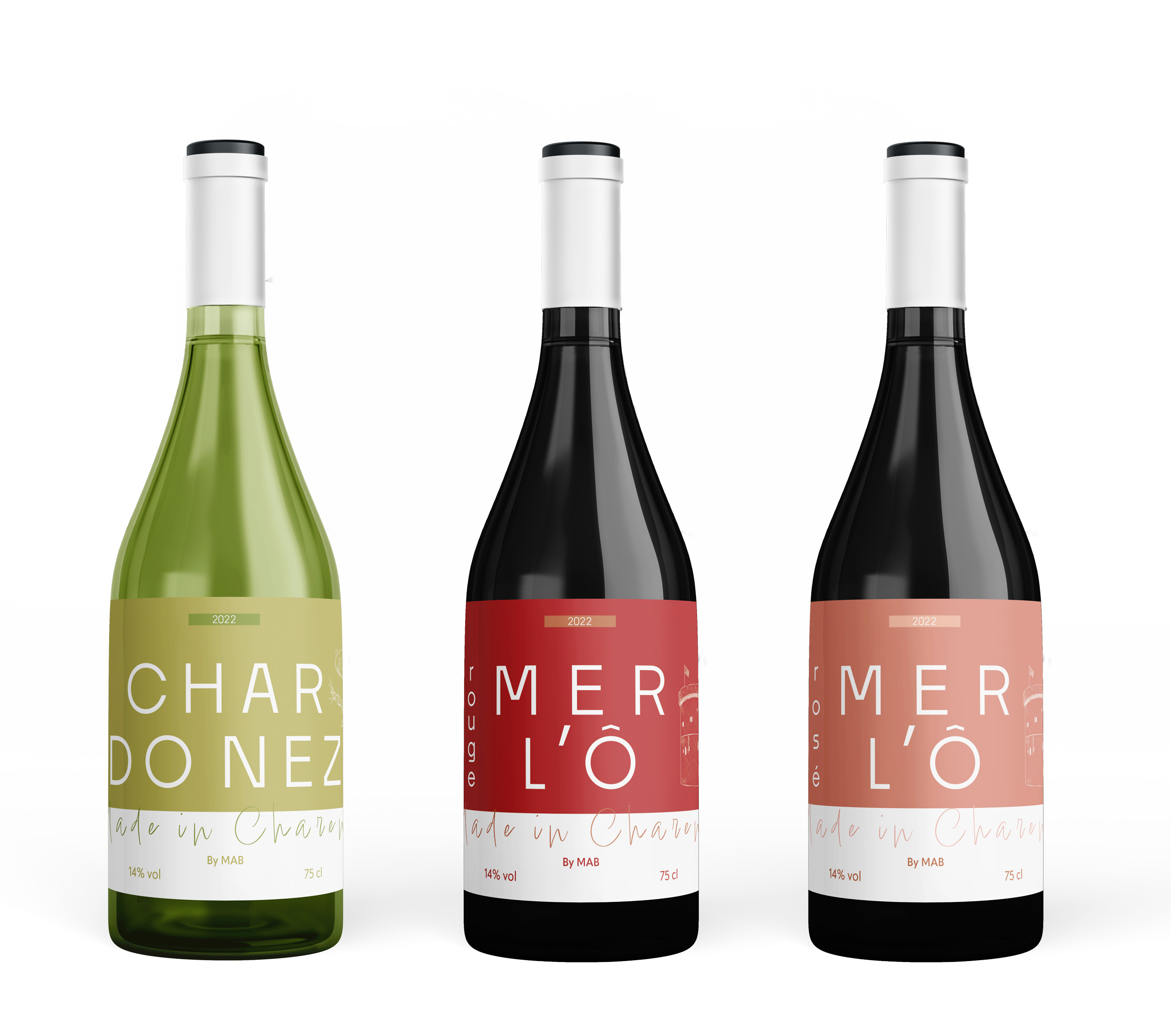 Présentation de trois bouteilles de vin aux étiquettes modernes et raffinées, utilisant un jeu subtil entre typographie et éléments graphiques.