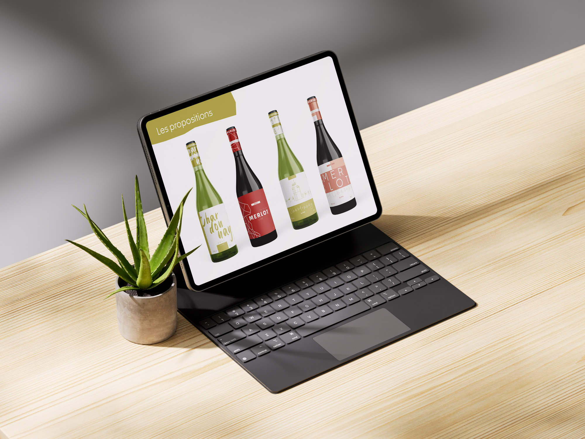 Une tablette affichant les différentes propositions de design pour des étiquettes de vin, mettant en avant un branding soigné et cohérent.