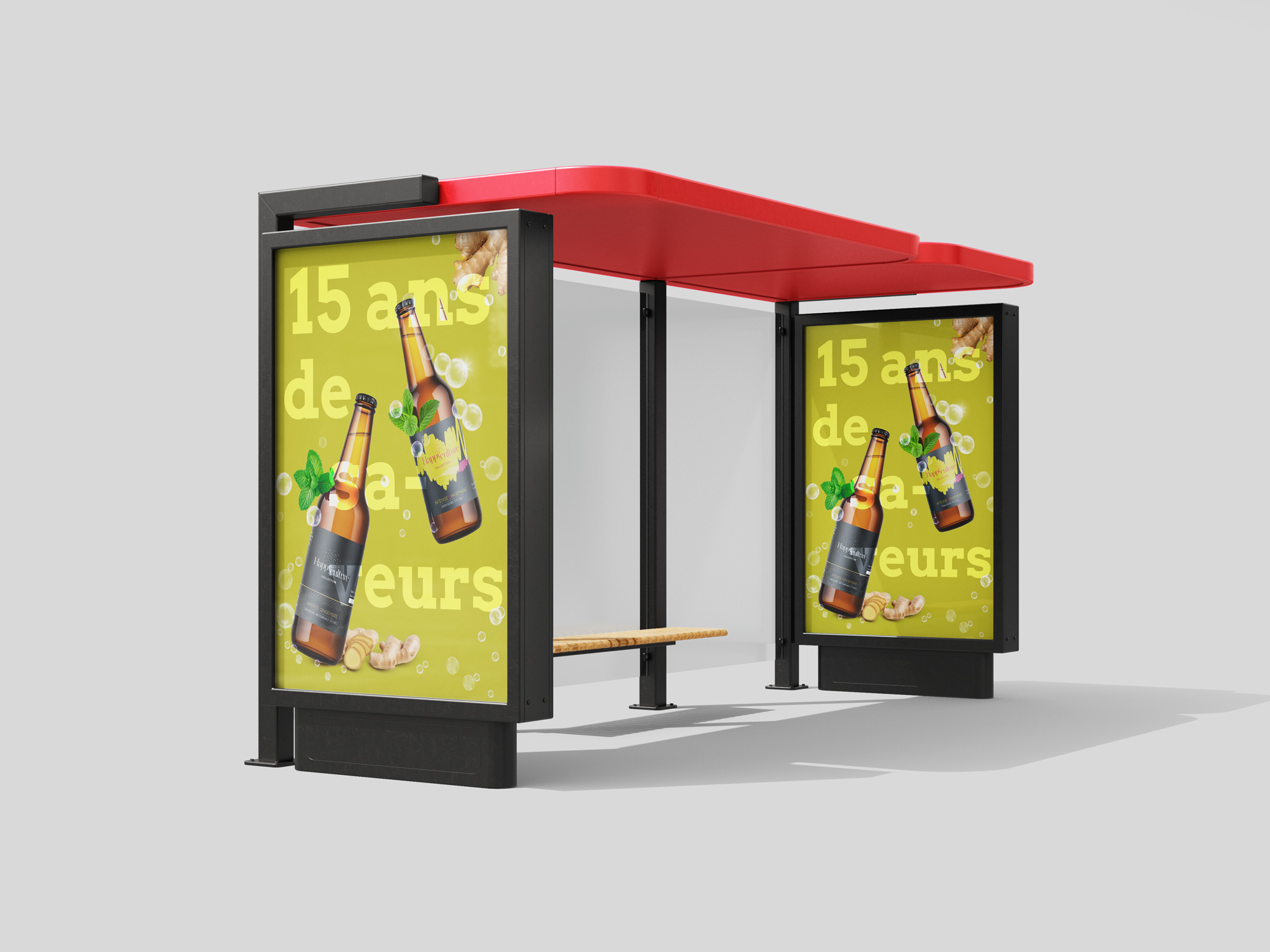 Affichage publicitaire d'une étiquette de bière artisanale Storig sur un abribus avec un fond jaune vibrant, illustrant une création d'étiquette de bière dynamique et percutante.