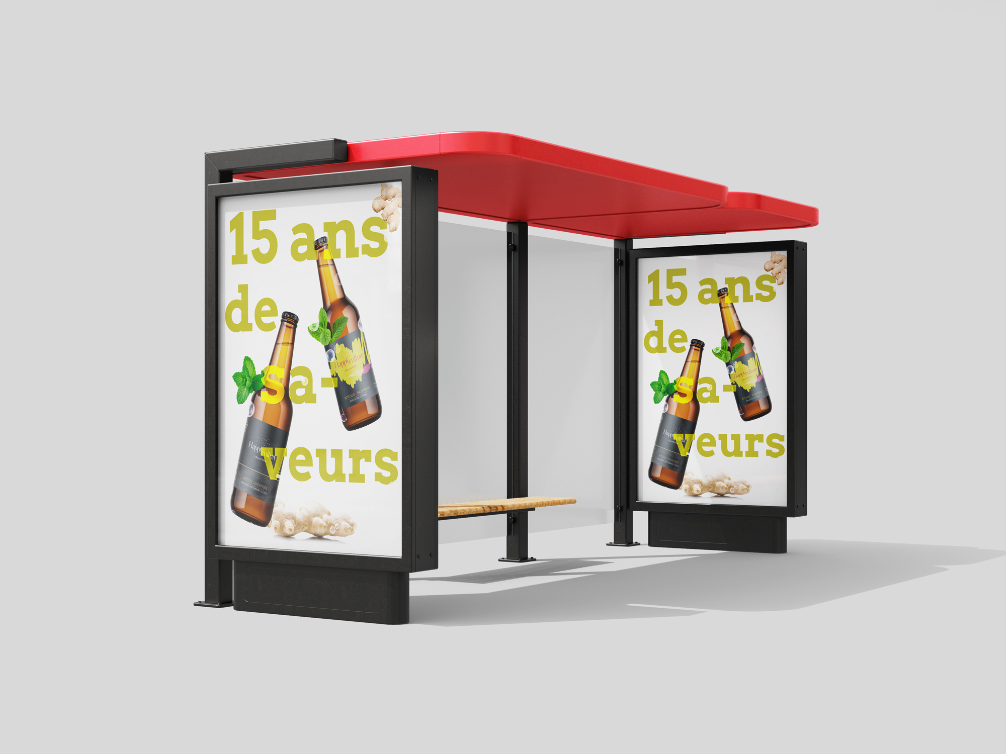 Affichage publicitaire d'une étiquette de bière artisanale Storig sur un abribus, mettant en avant le design graphique et l'identité visuelle de la marque.