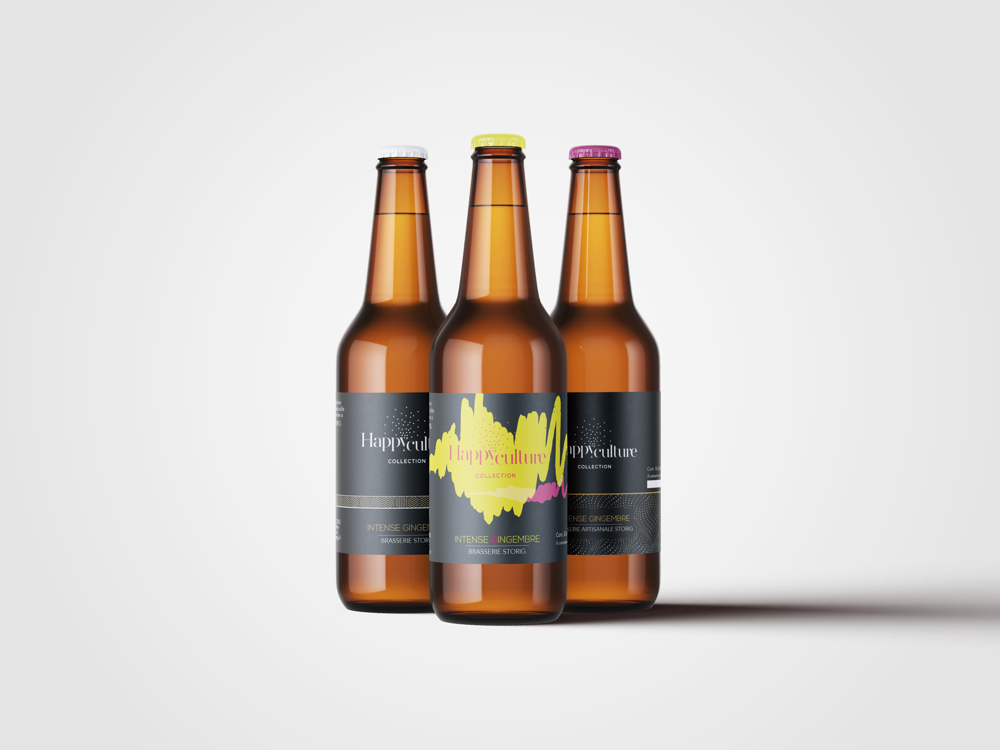 Trois bouteilles de bière artisanale Storig avec des étiquettes design mettant en avant une esthétique moderne et originale, illustrant la création graphique d'étiquettes de bière.