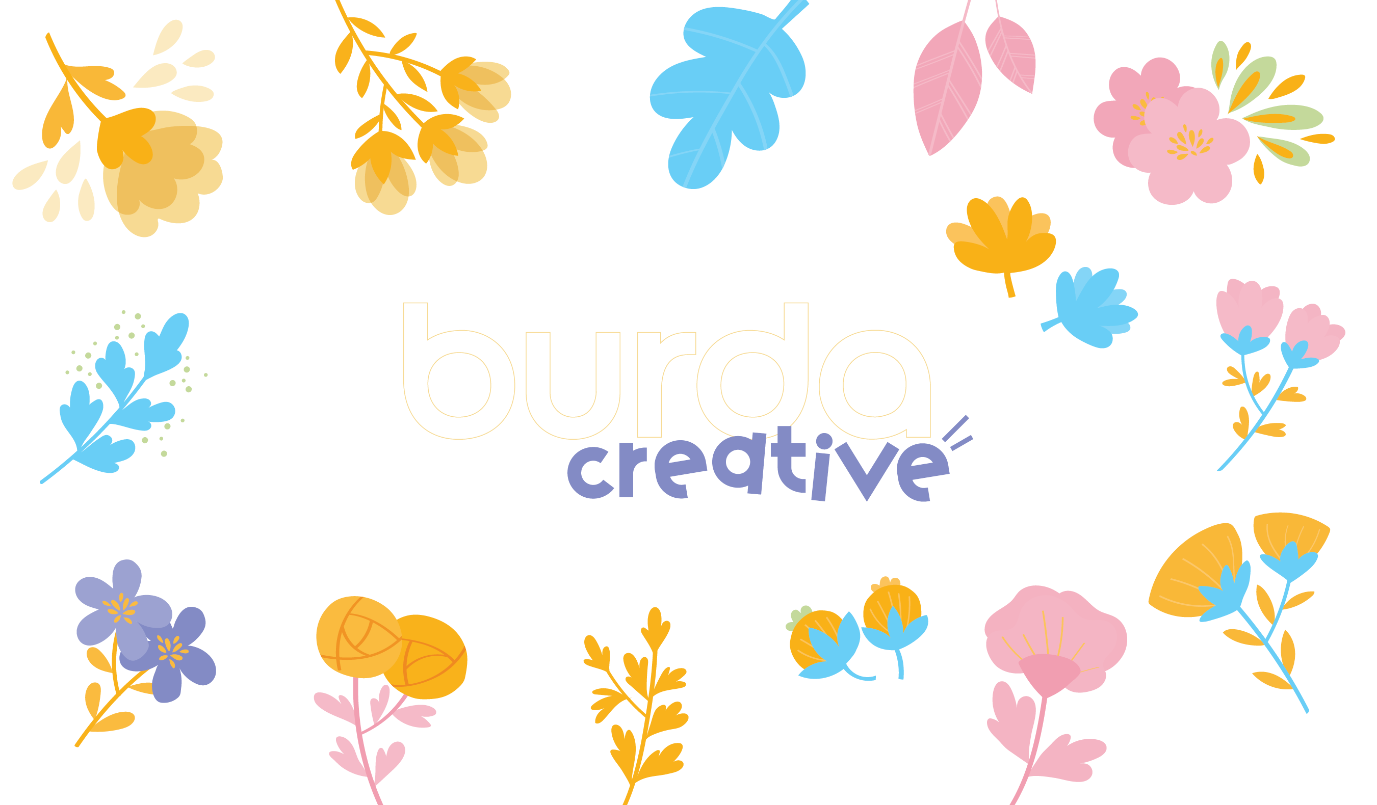 Logo Burda Creative entouré d'illustrations florales, renforçant l'univers visuel d'un magazine de couture créatif et inspirant.