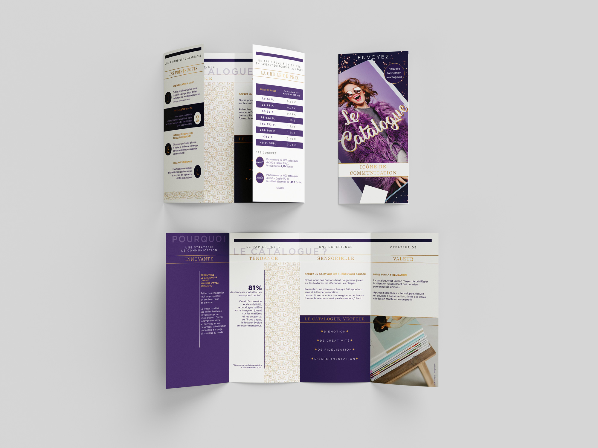 3 vues de dépliant 4 volets blanc, doré et violet pour une offre de catalogue. Création graphique, présentation élégante et soignée.