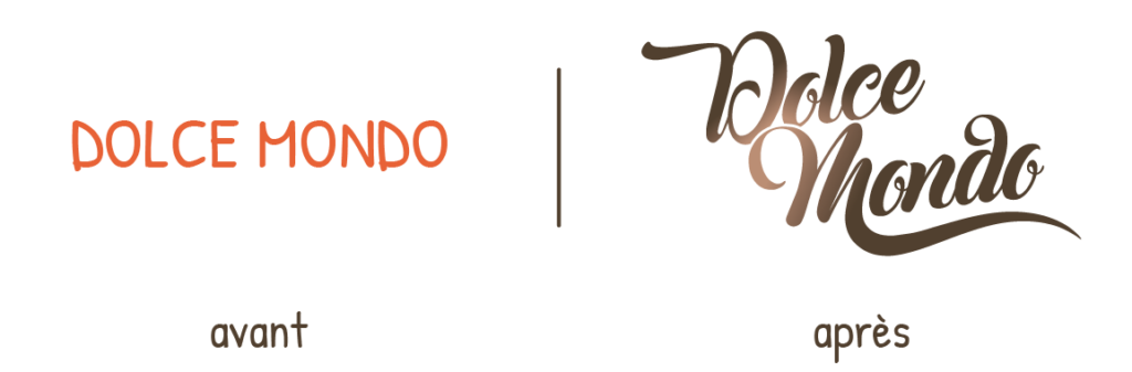 Évolution du logo Dolce Mondo - transformation d'une typographie simple vers un design raffiné et gourmand.