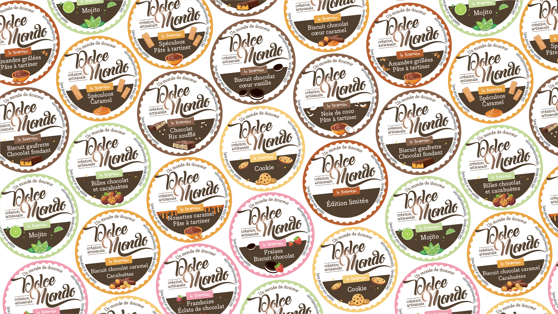 Motifs et déclinaisons Dolce Mondo - design graphique harmonieux inspiré des saveurs sucrées.