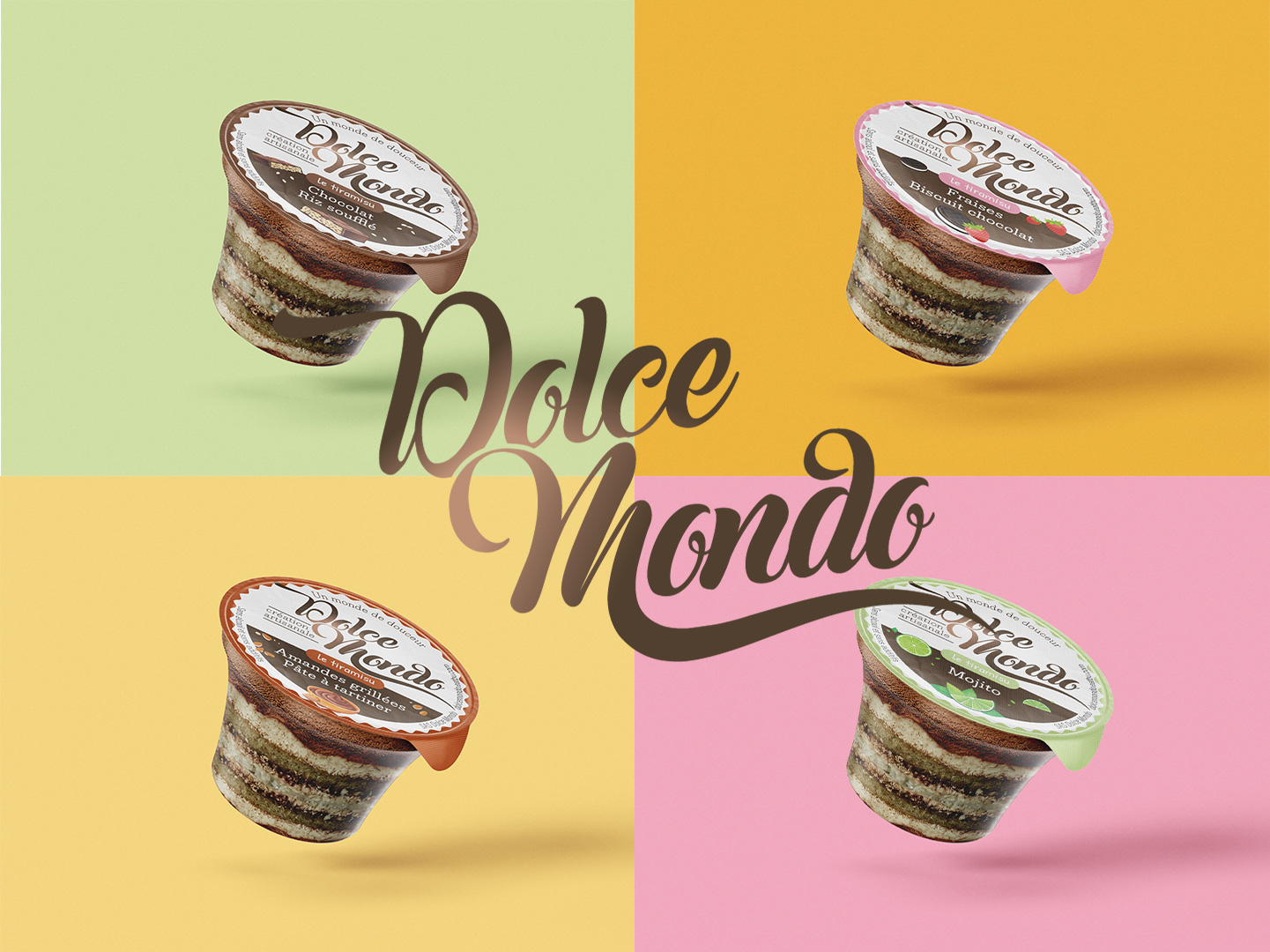 Variations de packaging pour Dolce Mondo - designs colorés et gourmands pour tiramisus artisanaux.
