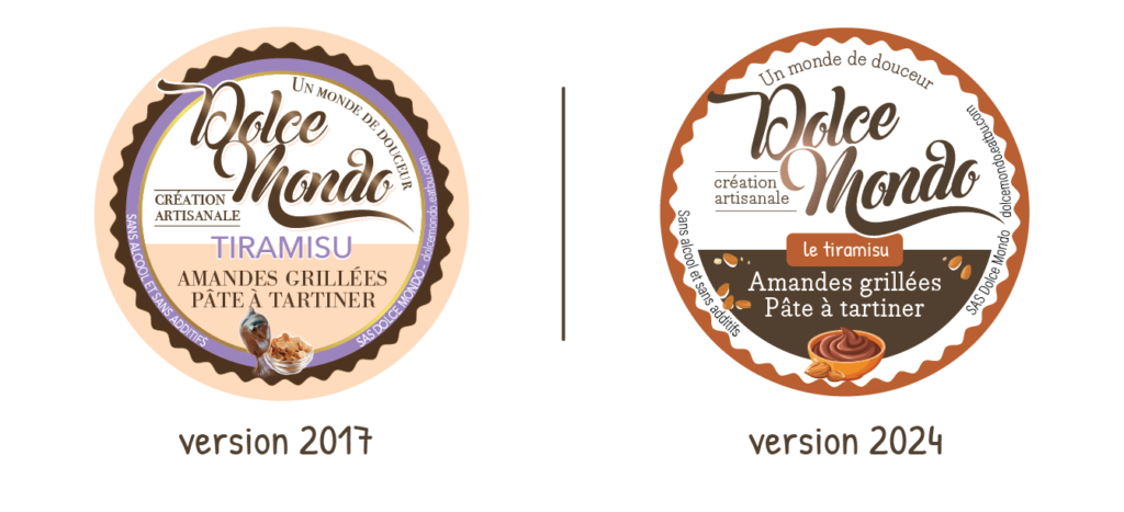 Évolution du design du sticker Dolce Mondo - amélioration du packaging entre 2017 et 2024.