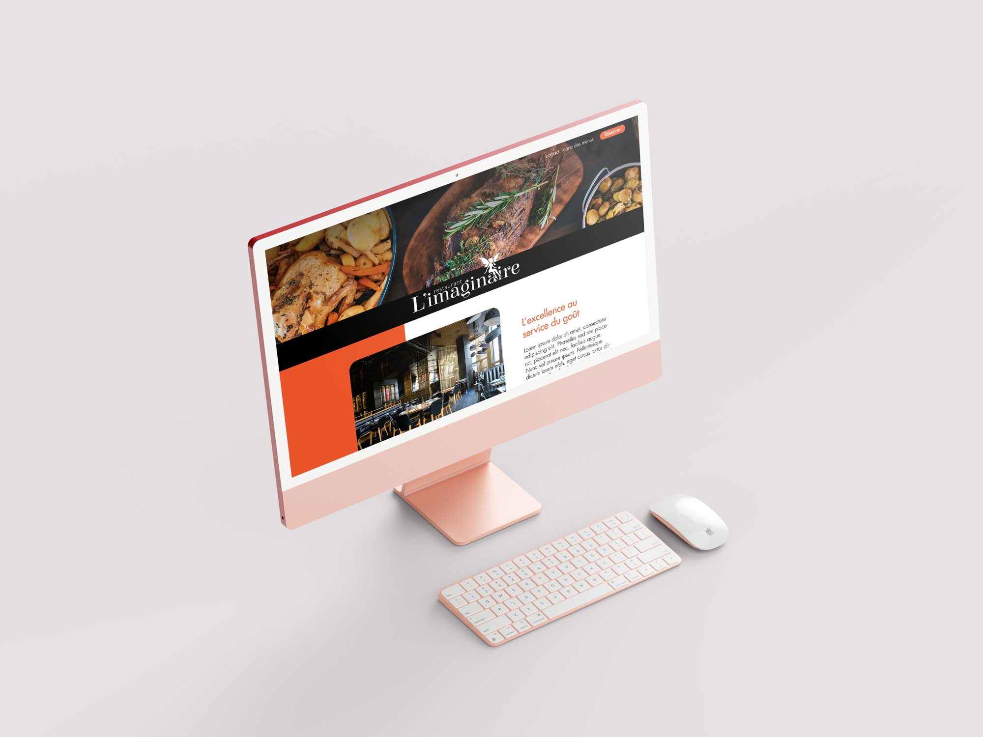 Aperçu du site web du restaurant L'Imaginaire sur un iMac, mettant en avant son univers visuel et son menu.