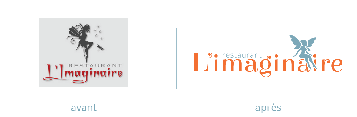 Comparaison du logo du restaurant L'Imaginaire avant et après refonte graphique.