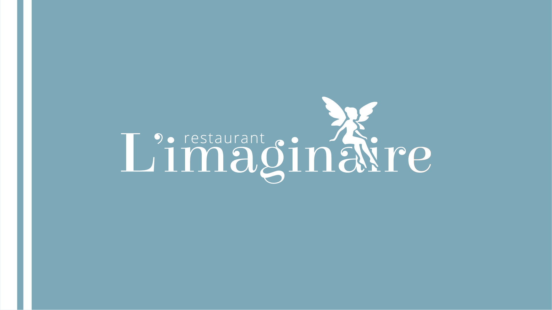 Logo du restaurant L'Imaginaire sur fond bleu, avec une silhouette de fée intégrée.