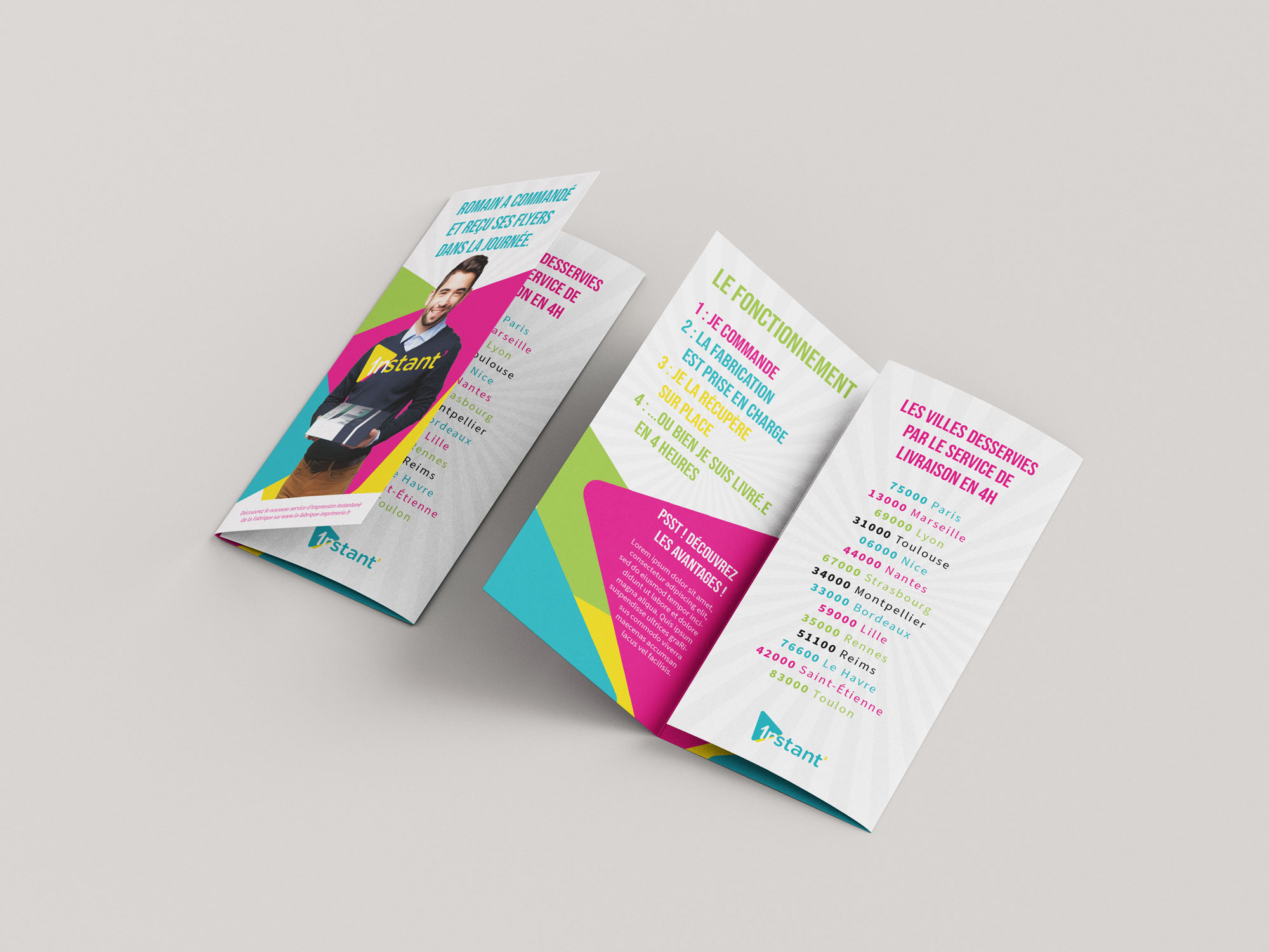 Brochure promotionnelle du service d'impression Instant avec identité visuelle colorée et dynamique