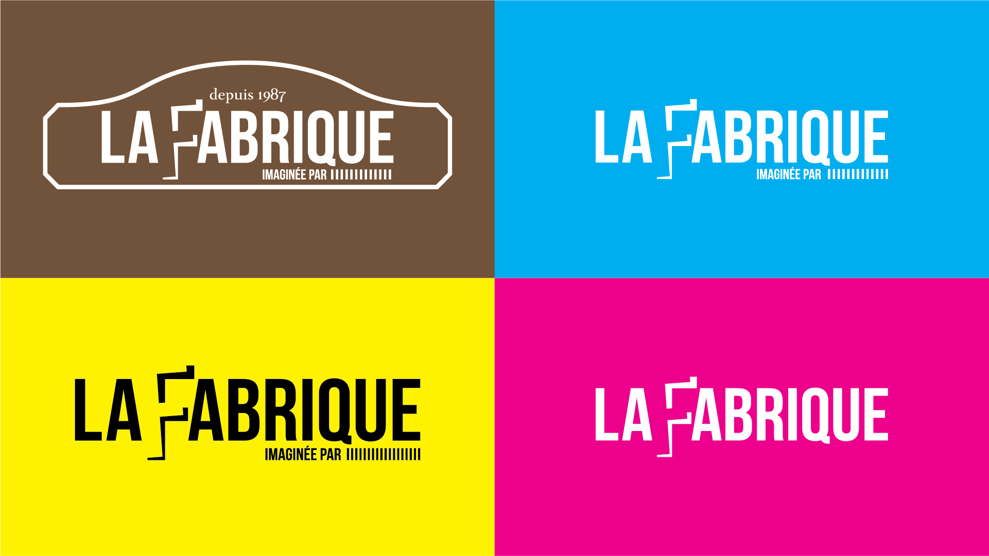 Création de logo pour imprimerie : déclinaisons de couleurs du logo La Fabrique sur différents fonds CMJ et marron.