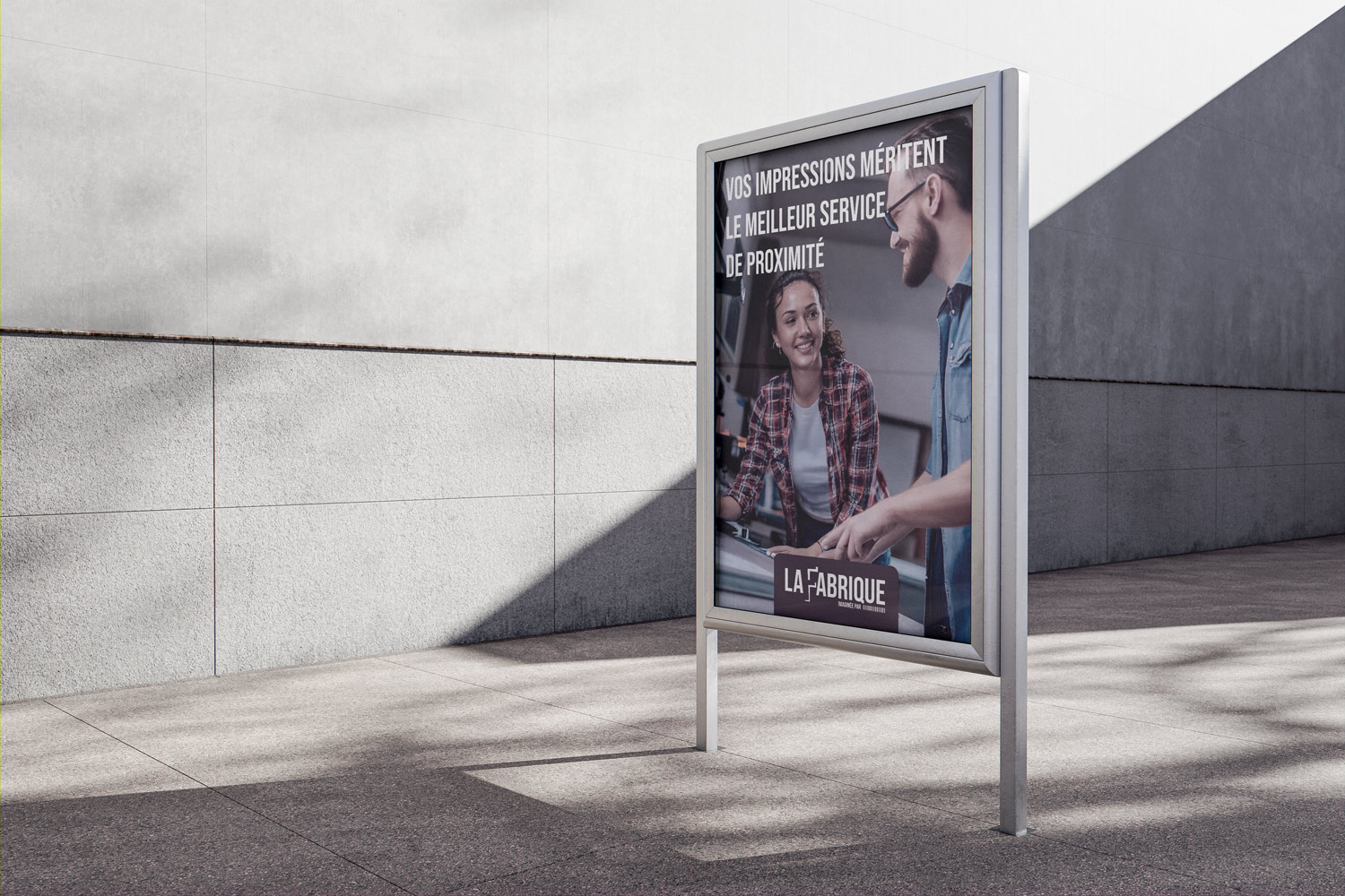 Affiche publicitaire de La Fabrique avec un slogan et une image d'imprimerie.