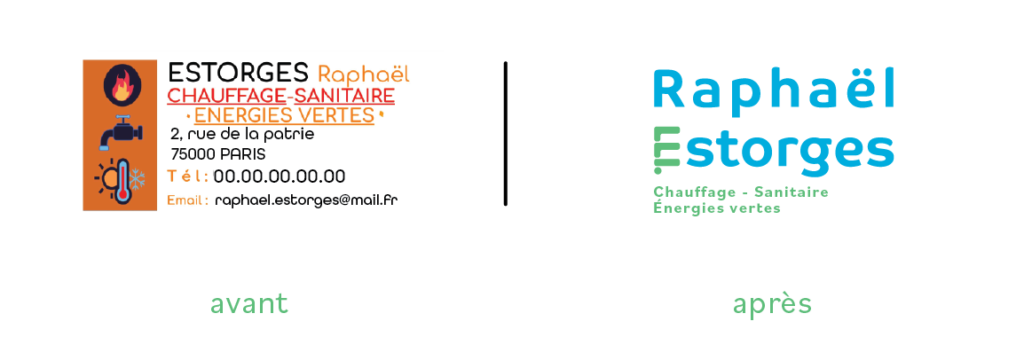 Avant/après de l’identité visuelle pour plombier, avec l’ancien et le nouveau logo de Raphaël Estorges