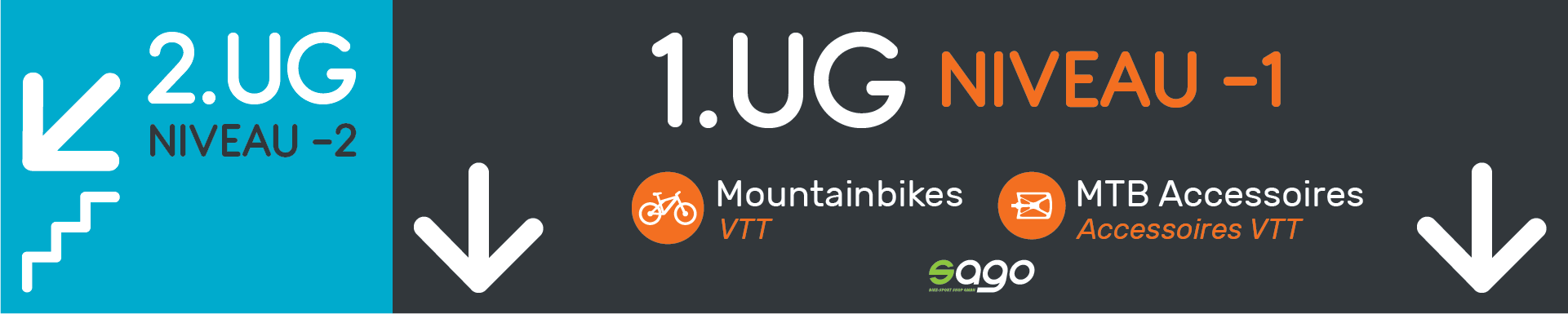 Signalétique directionnelle pour magasin de vélos, indiquant les niveaux -1 et -2 avec pictogrammes pour mountainbikes et accessoires.