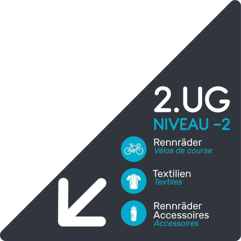 Panneau triangulaire de signalétique magasin de vélos pour le niveau -2, affichant les catégories vélos de course, textiles et accessoires.