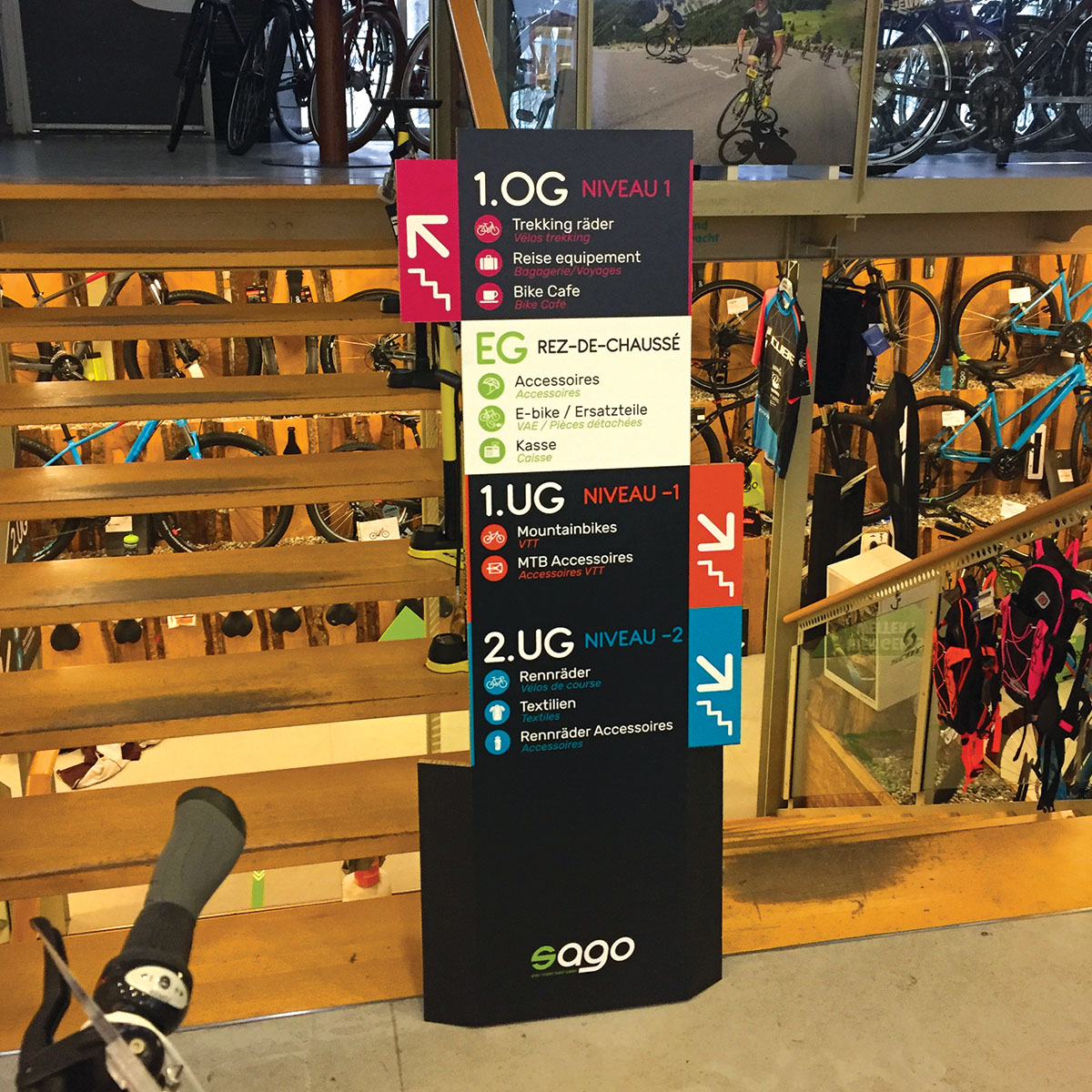 Affichage in situ sur carton re-board de signalétique magasin de vélos, avec indication des produits disponibles aux différents étages.
