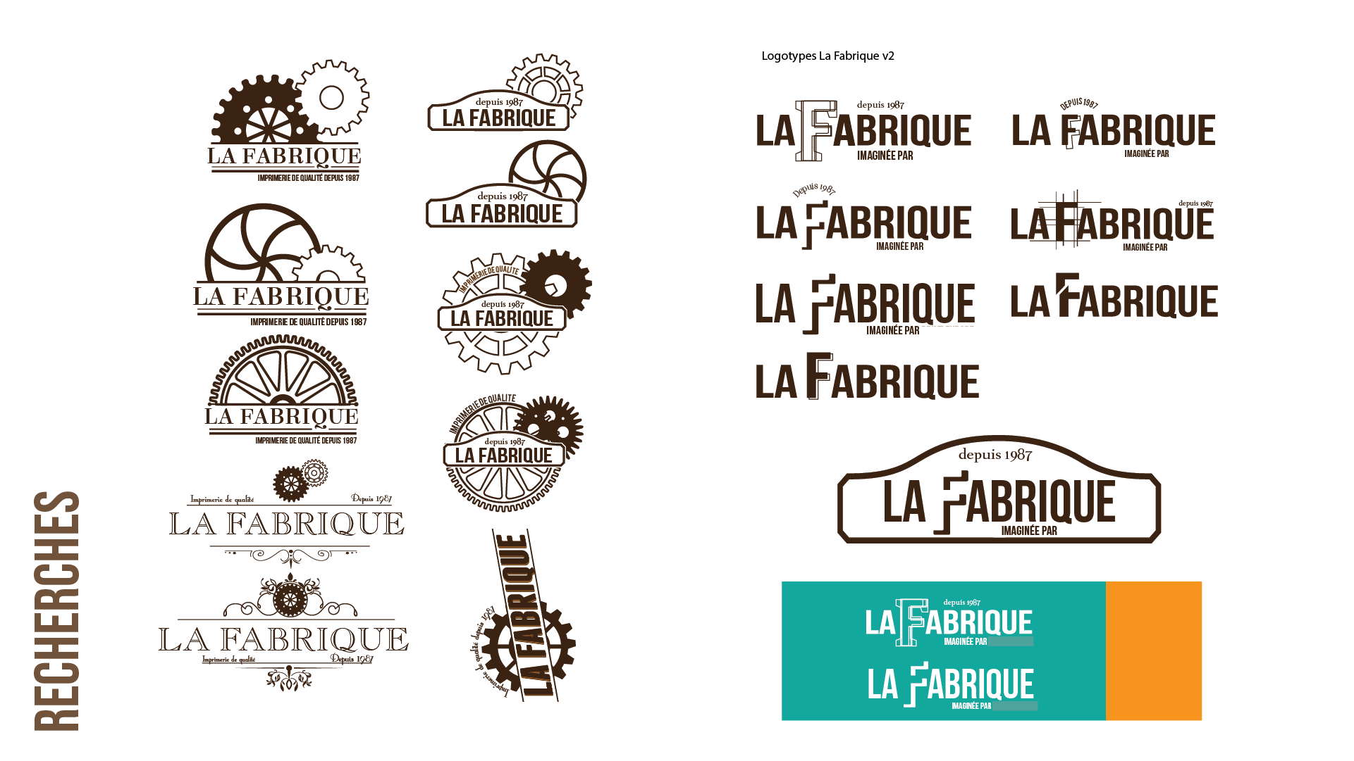Études graphiques et explorations de logos pour l’identité visuelle de l’imprimerie La Fabrique, avec des versions inspirées de rouages et d’éléments mécaniques.